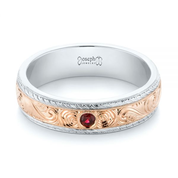  Platinum And 14k Rose Gold Platinum And 14k Rose Gold Custom Two-tone Hand Engraved Ruby Men's Band - Flat View -  103485