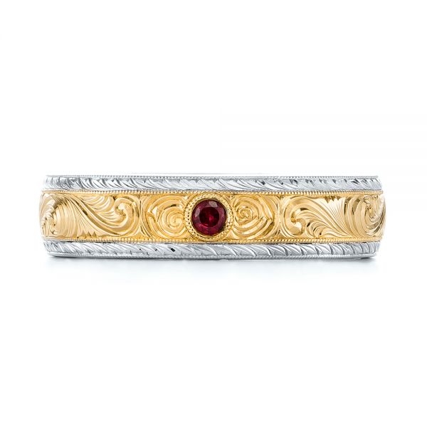  14K Gold And 14k Yellow Gold 14K Gold And 14k Yellow Gold Custom Two-tone Hand Engraved Ruby Men's Band - Top View -  103485