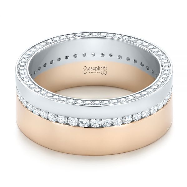 14k Rose Gold And Platinum Custom Two-tone Diamond Men's Band - Flat View - 103347