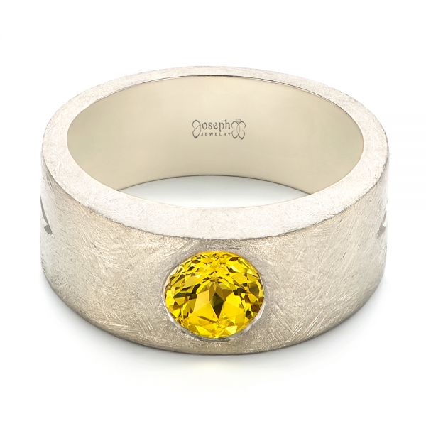 14k White Gold Custom Unplated Yellow Sapphire Hand Engraved Men's Band - Flat View -  104056