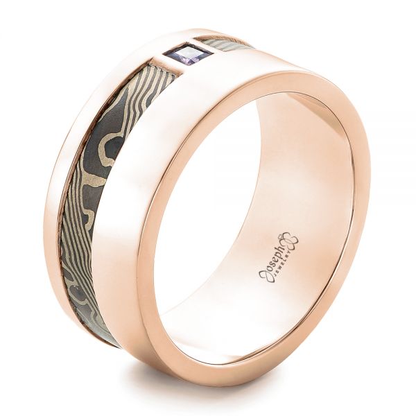 18k Rose Gold And Platinum 18k Rose Gold And Platinum Custom Mokume Men's Wedding Band - Three-Quarter View -  102310