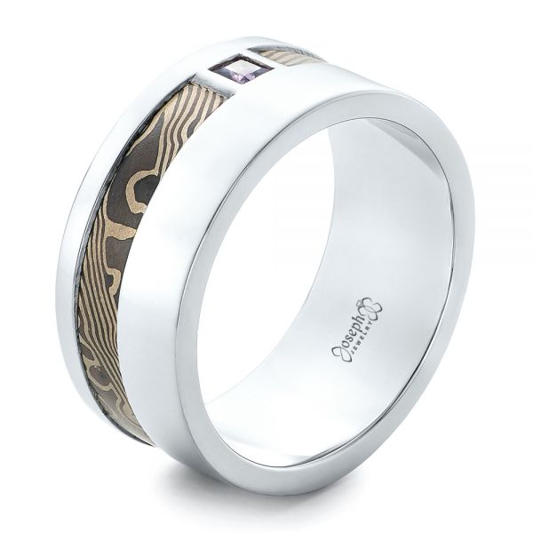 18k White Gold And Platinum 18k White Gold And Platinum Custom Mokume Men's Wedding Band - Three-Quarter View -  102310