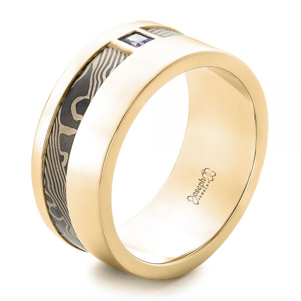 18k Yellow Gold And 18K Gold 18k Yellow Gold And 18K Gold Custom Mokume Men's Wedding Band - Three-Quarter View -  102310