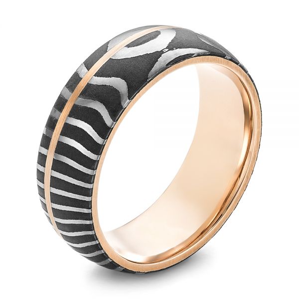 Damascus Steel and Rose Gold Wedding Band - Image