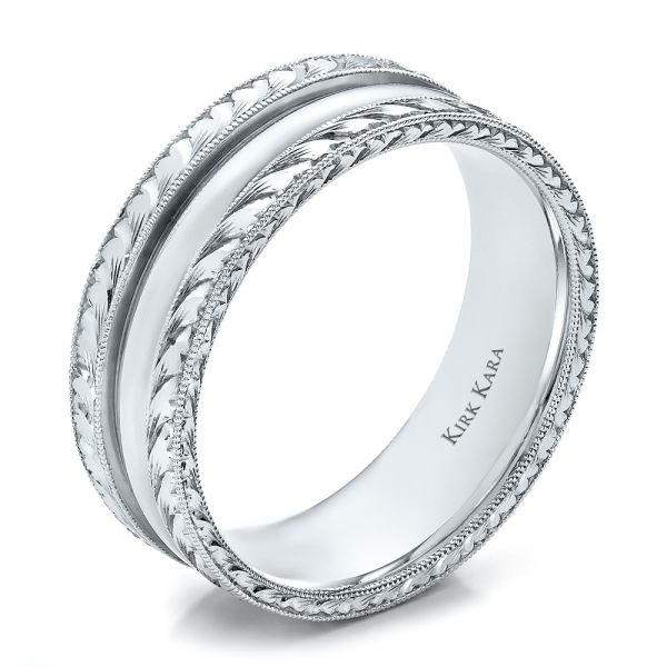 14k White Gold 14k White Gold Hand Engraved Men's Wedding Band - Kirk Kara - Three-Quarter View -  100669