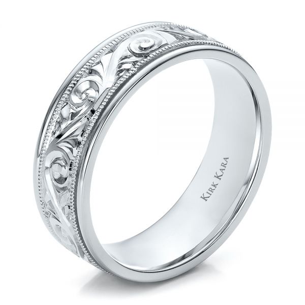  Platinum Hand Engraved Men's Wedding Band - Kirk Kara - Three-Quarter View -  100671