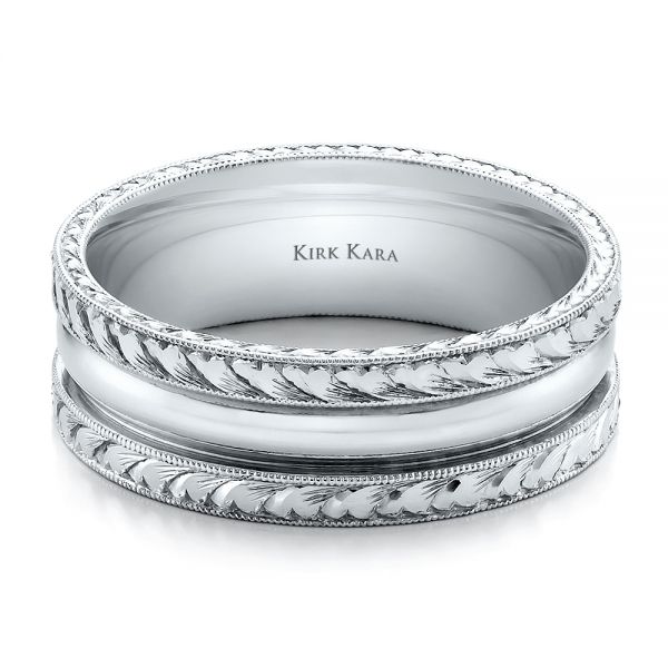 18k White Gold Hand Engraved Men's Wedding Band - Kirk Kara - Flat View -  100669