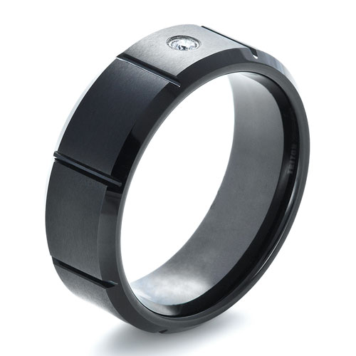 Men's Black Tungsten Ring With Center Diamond - Three-Quarter View -  1347