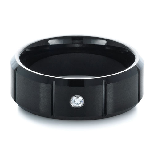 Men's Black Tungsten Ring With Center Diamond - Flat View -  1347