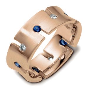 18k Rose Gold 18k Rose Gold Men's Brushed Diamond And Sapphire Band - Three-Quarter View -  463