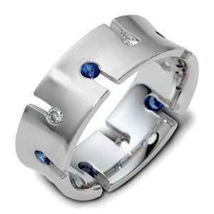 18k White Gold Men's Brushed Diamond And Sapphire Band - Three-Quarter View -  463