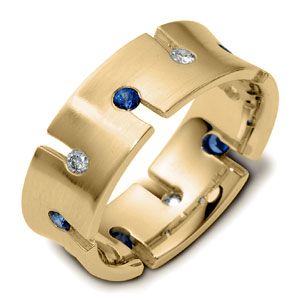 18k Yellow Gold 18k Yellow Gold Men's Brushed Diamond And Sapphire Band - Three-Quarter View -  463