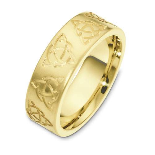 Men's Brushed, Engraved 18k Yellow Gold Band - front perspective