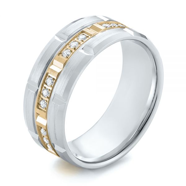 14k Yellow Gold And 18K Gold 14k Yellow Gold And 18K Gold Men's Diamond Wedding Band - Three-Quarter View -  103979