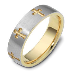 18k Yellow Gold Men's Engraved Two-tone Band - Three-Quarter View -  327