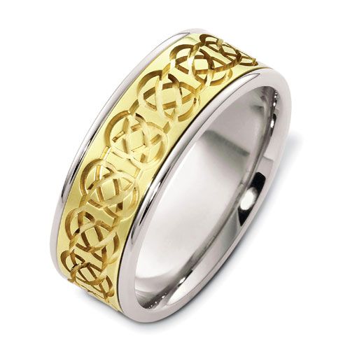  14K Gold And 14k Yellow Gold Men's Engraved Two-tone Band - Three-Quarter View -  332