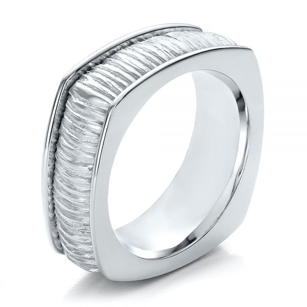 18k White Gold Men's Textured Wedding Band - Three-Quarter View -  100168