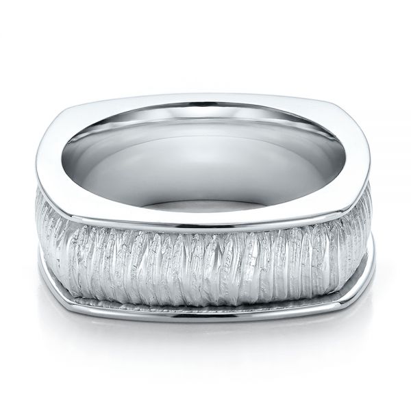 18k White Gold Men's Textured Wedding Band - Flat View -  100168