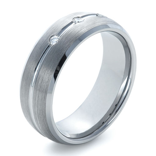 Men's Tungsten Ring With Channel Set Diamonds - Three-Quarter View -  1348 - Thumbnail