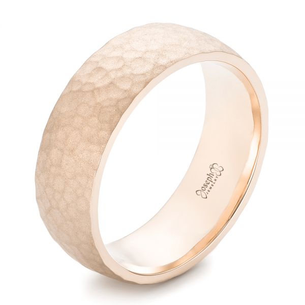 18k Rose Gold 18k Rose Gold Men's Hammered Matte Finish Wedding Band - Three-Quarter View -  102504