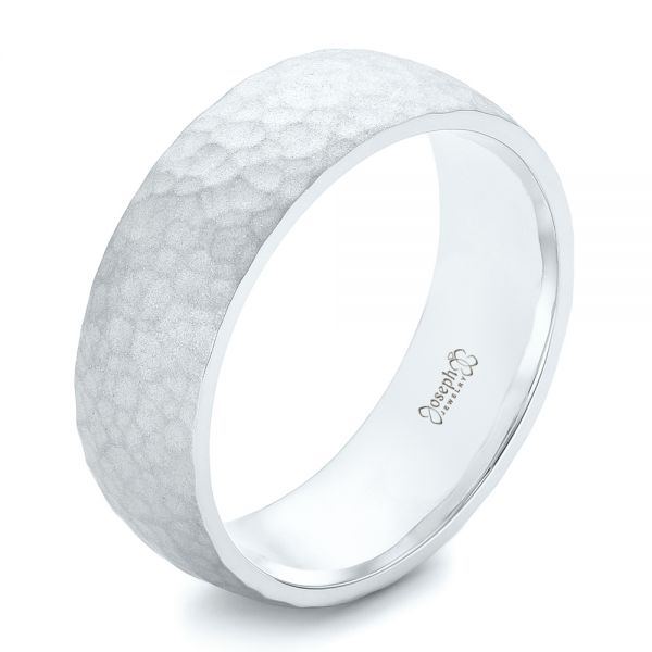 18k White Gold 18k White Gold Men's Hammered Matte Finish Wedding Band - Three-Quarter View -  102504