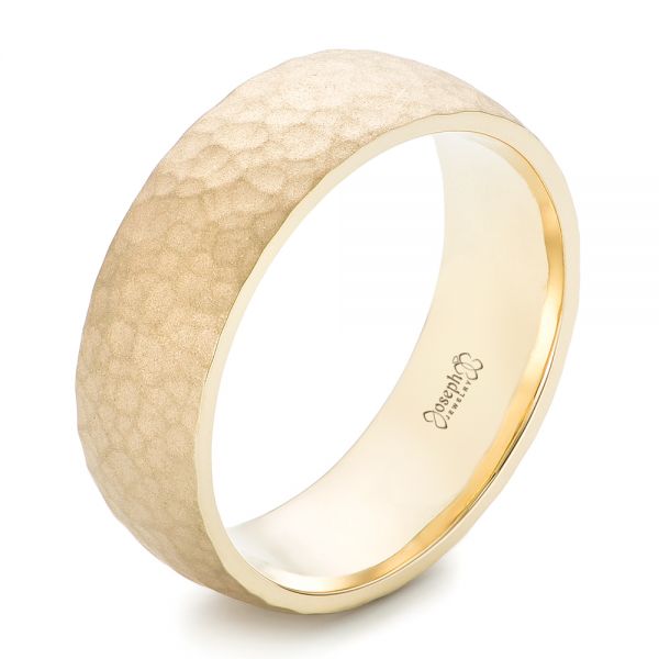 Men's Yellow Gold Hammered Matte Finish Wedding Band - Image