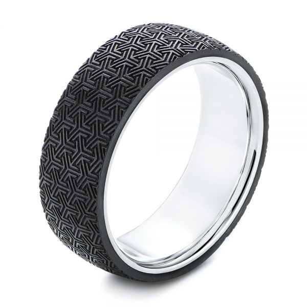 Patterned Black Carbon Fiber Men's Wedding Ring - Three-Quarter View -  106284