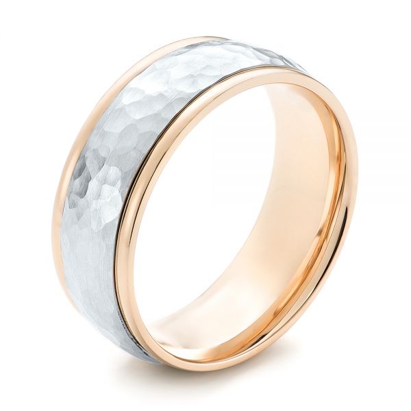 14k Rose Gold And 14K Gold Two-tone Hammered Men's Wedding Band - Three-Quarter View -  103024