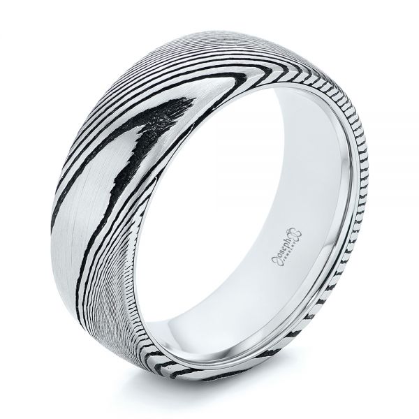 White Tungsten And Damascus Men's Wedding Band - Three-Quarter View -  105308