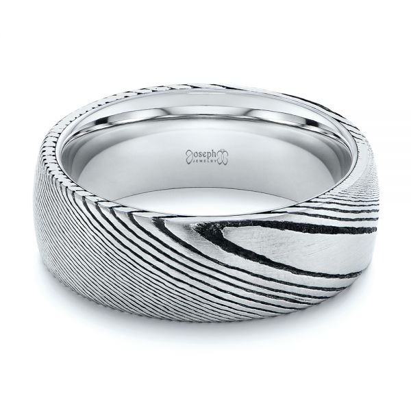 White Tungsten And Damascus Men's Wedding Band - Flat View -  105308