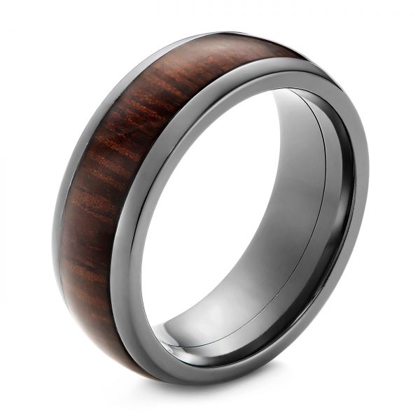 Zirconium Men's Wedding Ring With Hardwood Inlay - Three-Quarter View -  105889