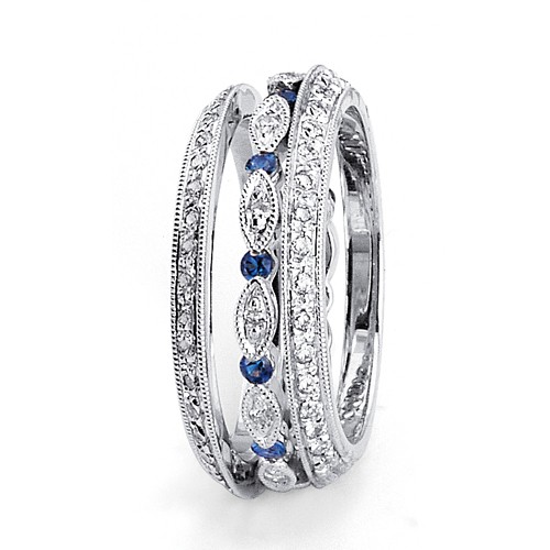  18K Gold Sapphire And Diamond Women's Wedding Bands - Parade - Three-Quarter View -  71