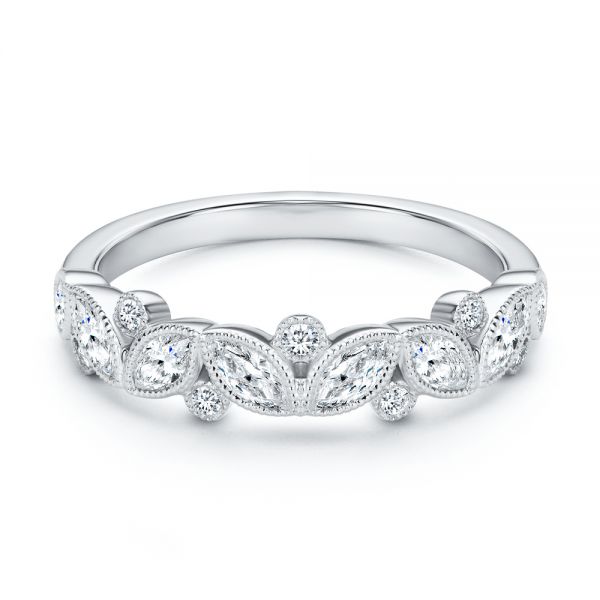 14k White Gold Assorted Diamond and Milgrain Wedding Band - Flat View -  107715 - Thumbnail