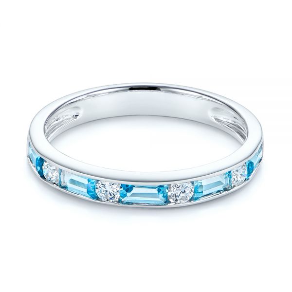 14k White Gold Baguette Blue Topaz And Diamond Wedding Band - Flat View -  105423