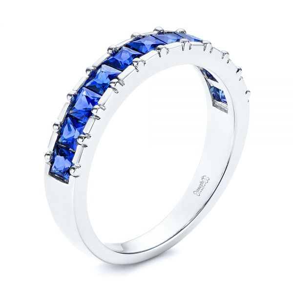 14k White Gold Blue Sapphire Channel Set Wedding Band - Three-Quarter View -  106001