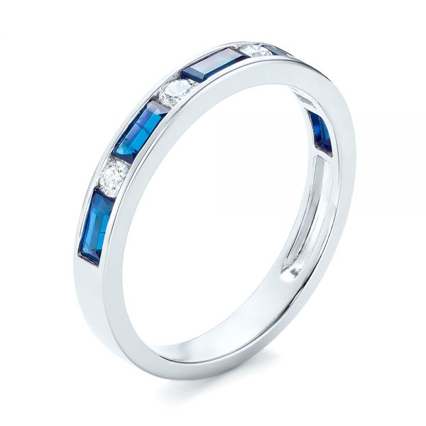 18k White Gold 18k White Gold Blue Sapphire And Diamond Wedding Band - Three-Quarter View -  103755