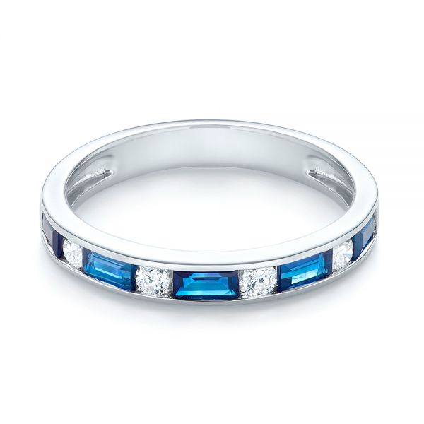 14k White Gold Blue Sapphire And Diamond Wedding Band - Flat View - 103755