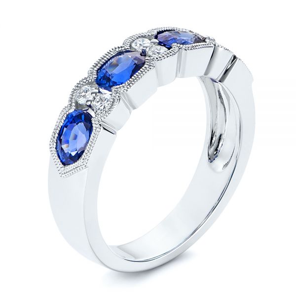 14k White Gold Blue Sapphire And Diamond Wedding Ring - Three-Quarter View -  105421