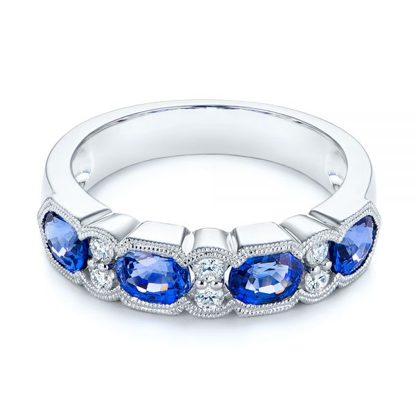 14k White Gold Blue Sapphire And Diamond Wedding Ring - Flat View - 105421