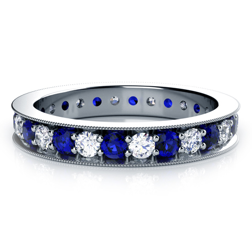  14K Gold Blue Sapphire And Diamond Women's Anniversary Band - Three-Quarter View -  936 - Thumbnail