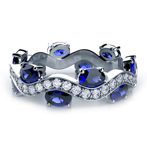  18K Gold Blue Sapphire And Diamond Women's Anniversary Band - Three-Quarter View -  944 - Thumbnail