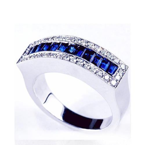  Platinum Blue Sapphire And Diamond Women's Wedding Band - Three-Quarter View -  94 - Thumbnail