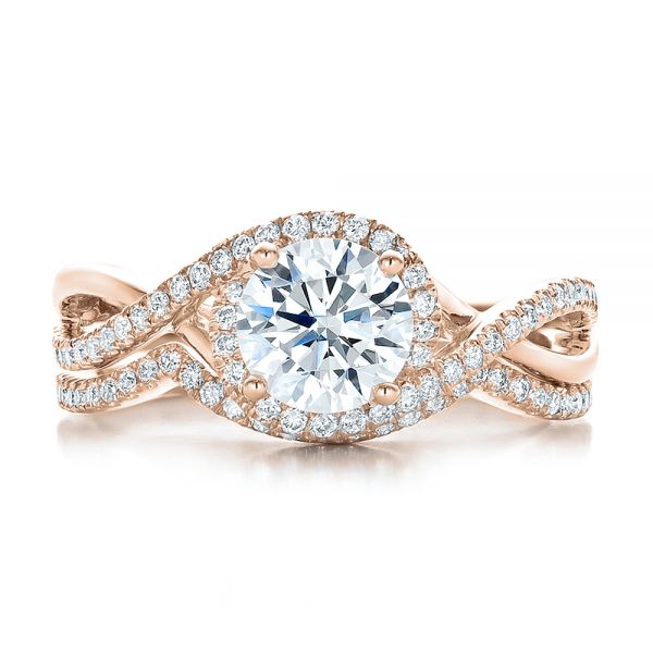 14k Rose Gold 14k Rose Gold Contemporary Curved Shared Prong Diamond Wedding Band - Top View - 100412