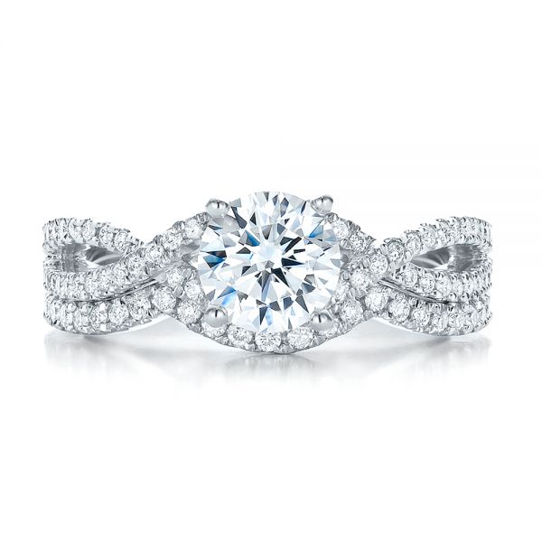 14k White Gold Contemporary Curved Shared Prong Diamond Wedding Band - Top View - 100411
