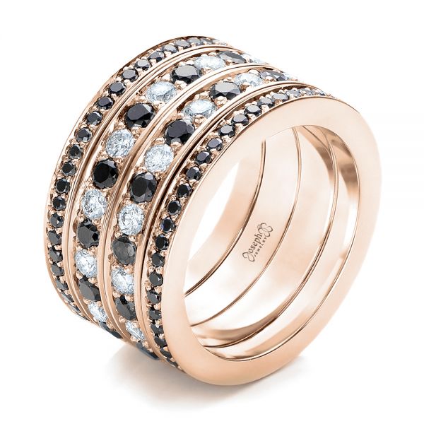 18k Rose Gold 18k Rose Gold Custom Black And White Diamond Wedding Bands - Three-Quarter View -  101174