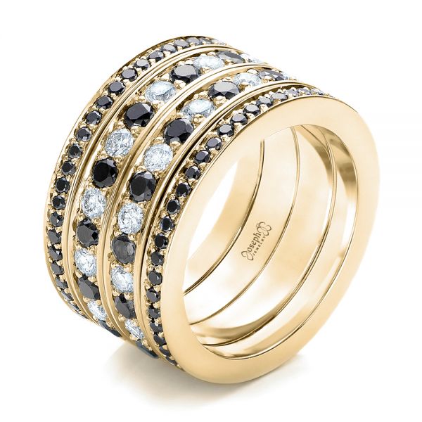 18k Yellow Gold 18k Yellow Gold Custom Black And White Diamond Wedding Bands - Three-Quarter View -  101174