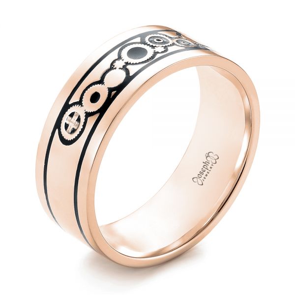 14k Rose Gold 14k Rose Gold Custom Black Antiqued Engraved Wedding Band - Three-Quarter View -  103282