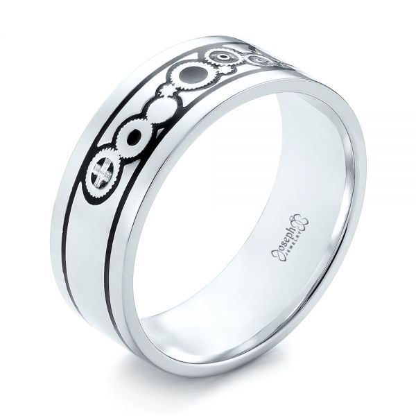 18k White Gold 18k White Gold Custom Black Antiqued Engraved Wedding Band - Three-Quarter View -  103282