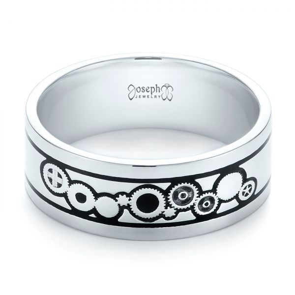 18k White Gold 18k White Gold Custom Black Antiqued Engraved Wedding Band - Flat View -  103282