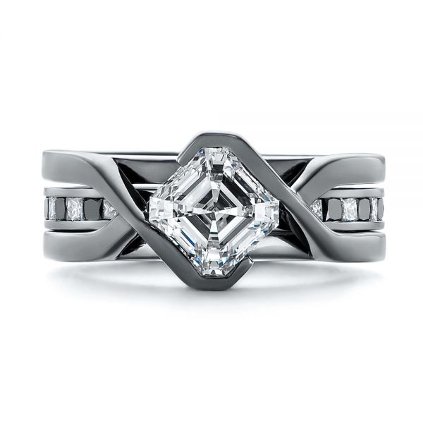 14k White Gold Custom Black And White Diamond Wedding Band - Top View - 104030